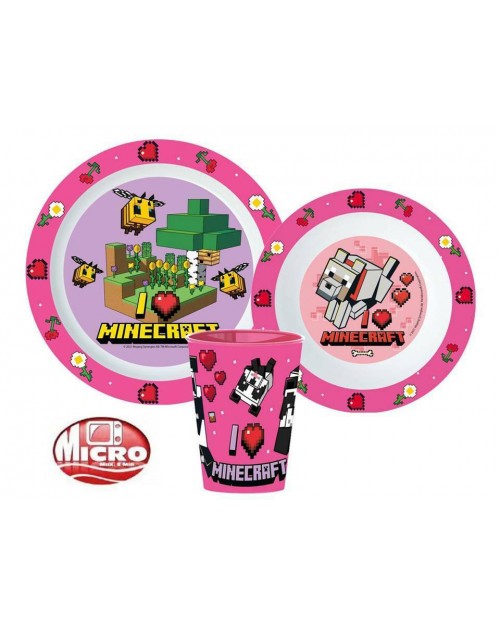 MINECRAFT PINK CHILDRENS KIDS TODDLERS 3 PC DINNER BREAKFAST SET PLATE BOWL CUP